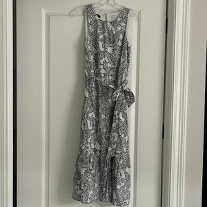 Talbots Black and White Floral Midi Dress with Gold Accents